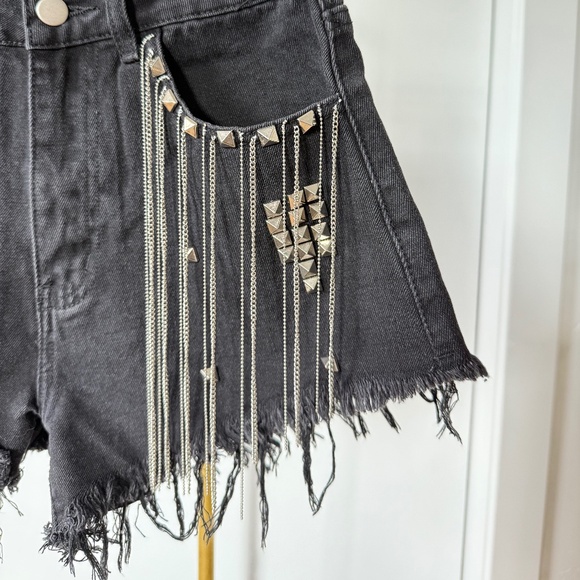 Black Fringe Studded Denim Shorts – Size S - Picture 5 of 6